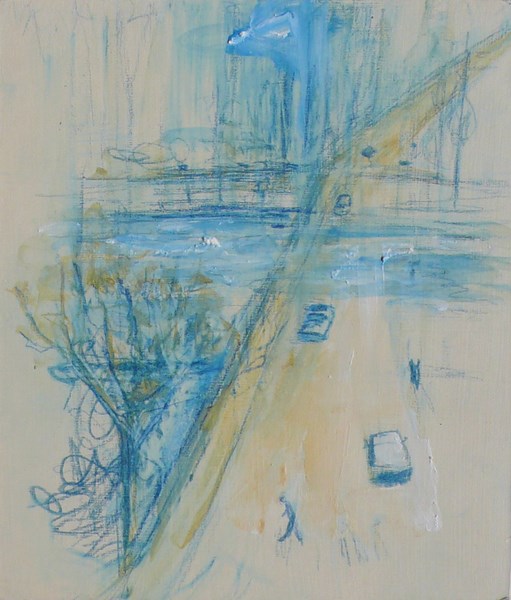 Crossing 2, blue pencil and pigments on card board, 17 x 20 cm